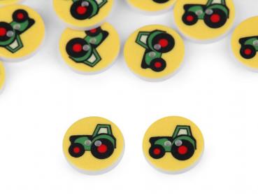 Kinderknopf 2-Loch Kunststoff mit Traktor Ø 15,4mm Gelb
